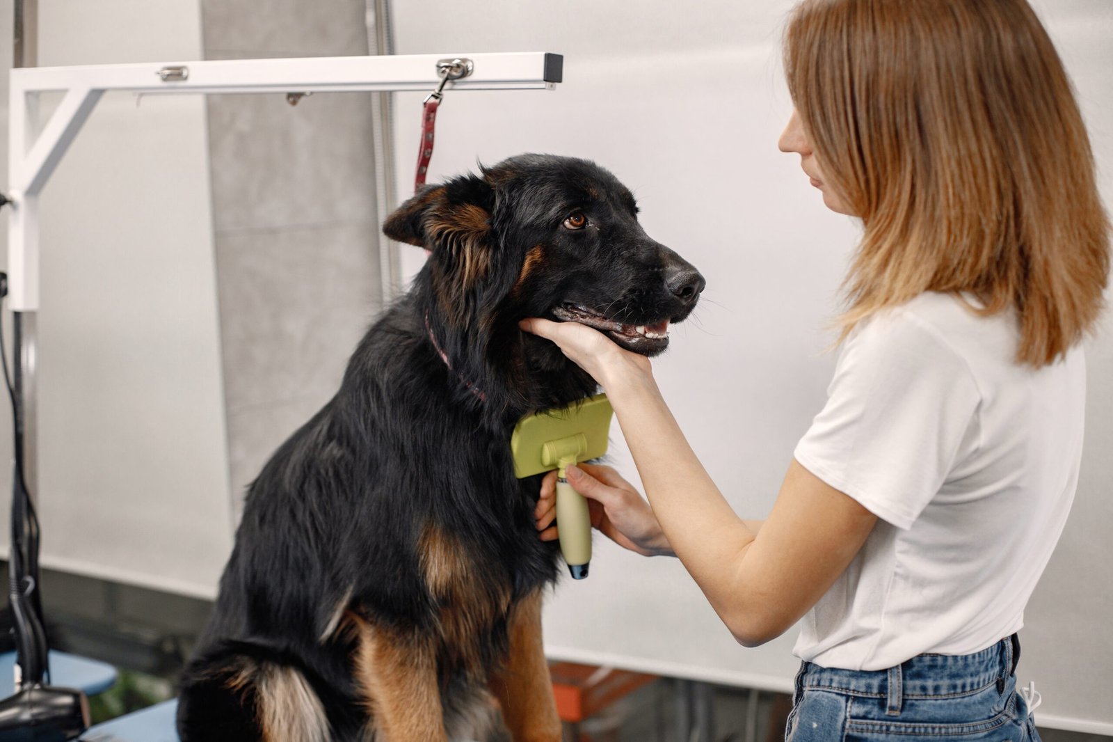 Big black dog getting procedure at the groomer salon. Young woman in white t-shirt combing a dog. Dog is tied on a blue table.